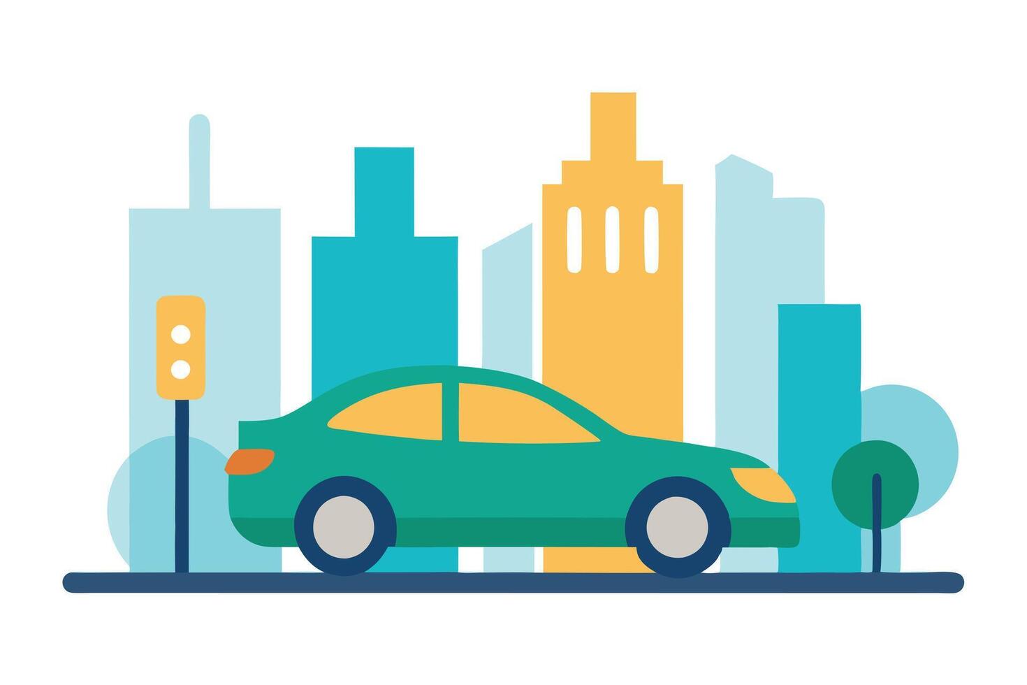 Teal Car with Cityscape Silhouette and Traffic Light on White vector