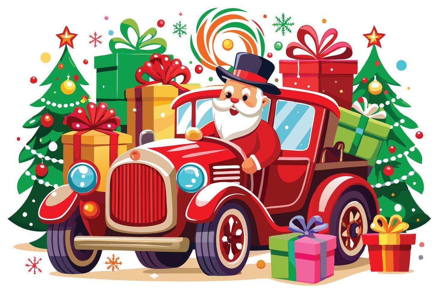 Santa Claus in Red Vintage Car Surrounded by Christmas Tree and Gift Boxes vector