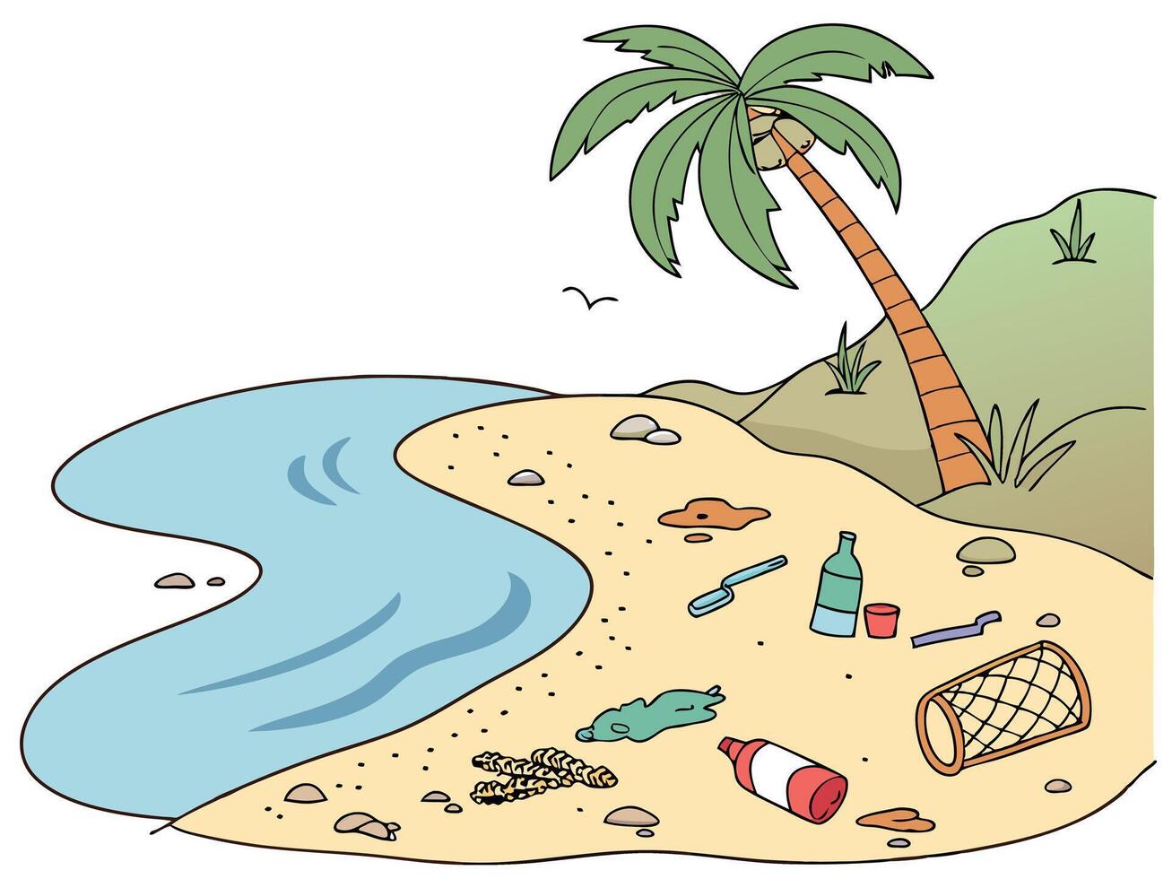 Coastal Pollution Cartoon Littered Beach with Plastic and Palm Trees on Sand vector