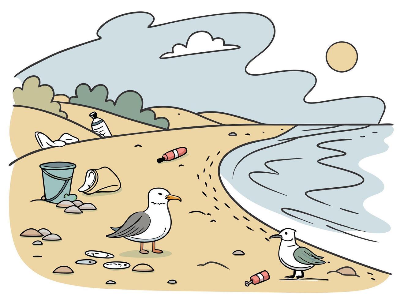 Polluted Coastline with Seagulls, Bottles and Plastic Waste on Sandy Beach vector
