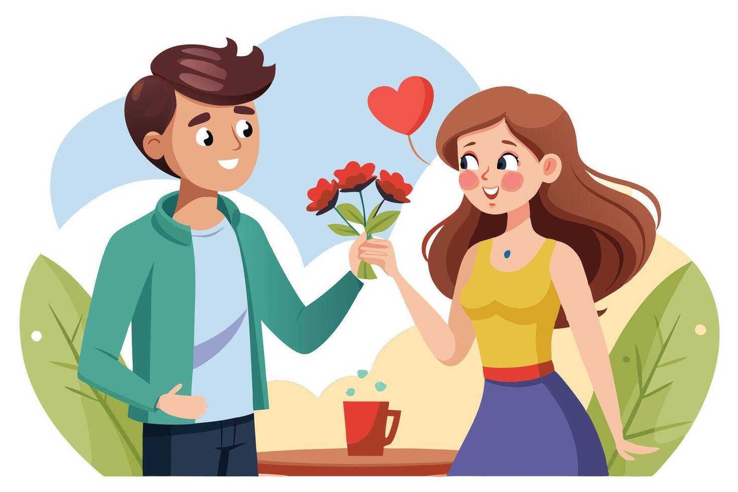 Cartoon Man Offering Red Flowers to Woman with Heart Balloon. Flat Design Style vector