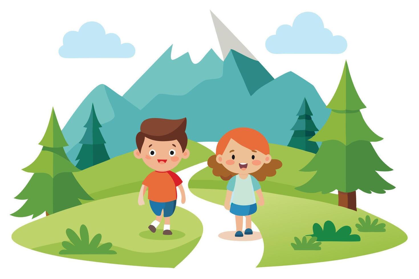 Cartoon Kids Hiking On Trail With Mountains, Trees and Blue Sky at Background vector