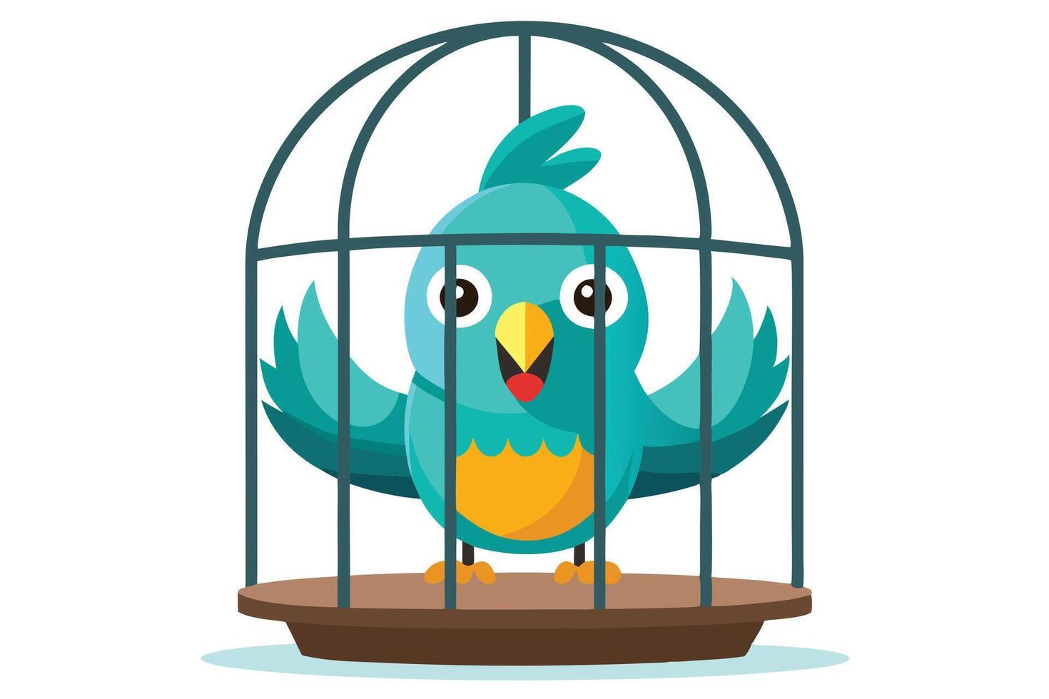 Cartoon Teal Bird in Cage with Open Wings and Mouth on Isolated White Background vector