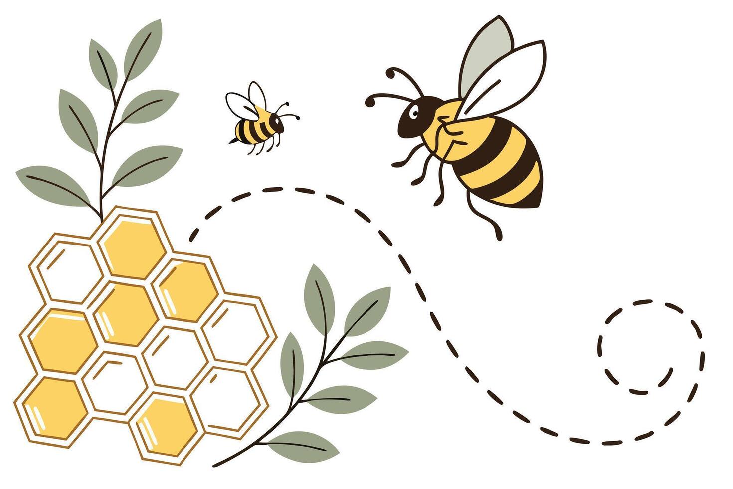 Cute Cartoon Bees Flying Around Honeycomb and Green Leaves on White Background vector