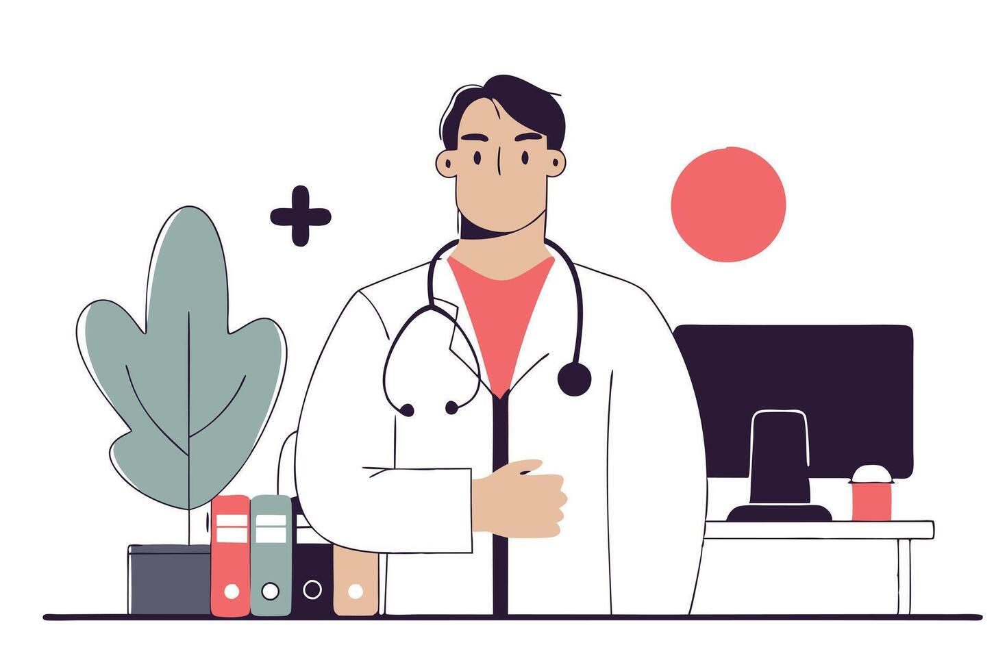 Cartoon Doctor in White Coat with Stethoscope at Desk in Office on White Background vector