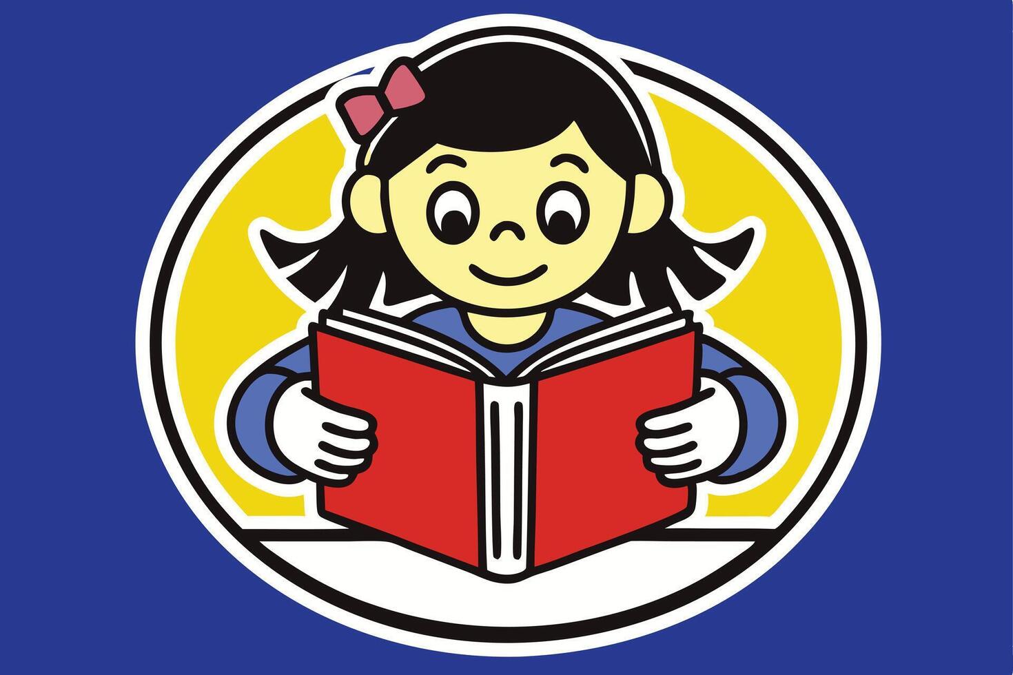 Cartoon Girl Reading Book in Frame, Cheerful Student with Blue Background vector