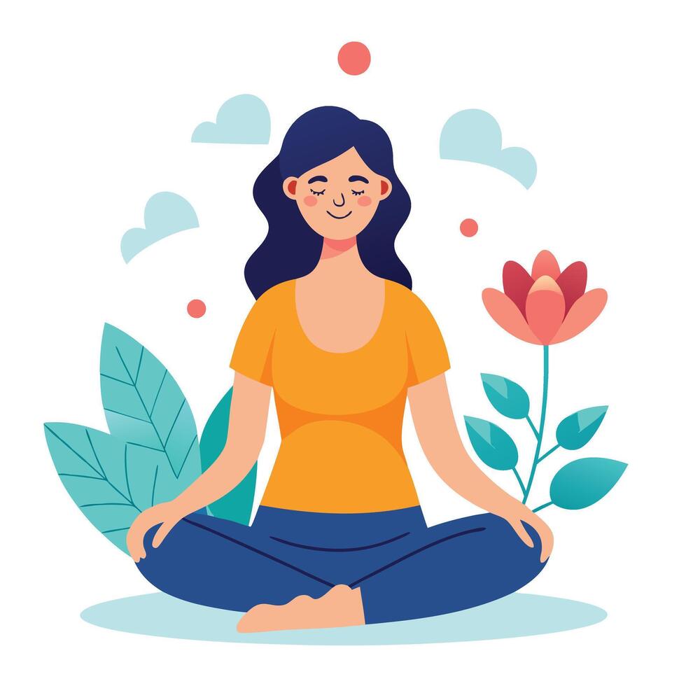 Meditating Woman in Lotus Position Surrounded by Nature Flat Art Style vector