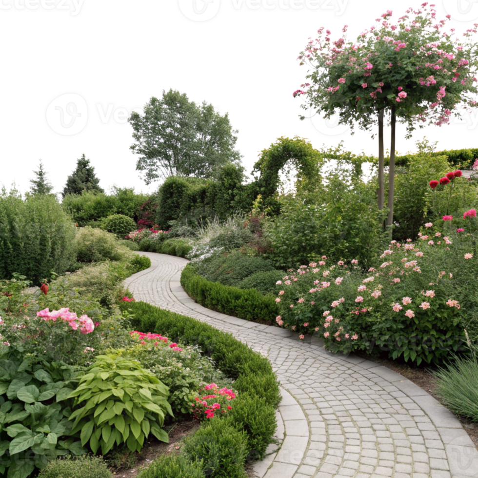 A stone path with flowers and bushes isolated on a transparent background png