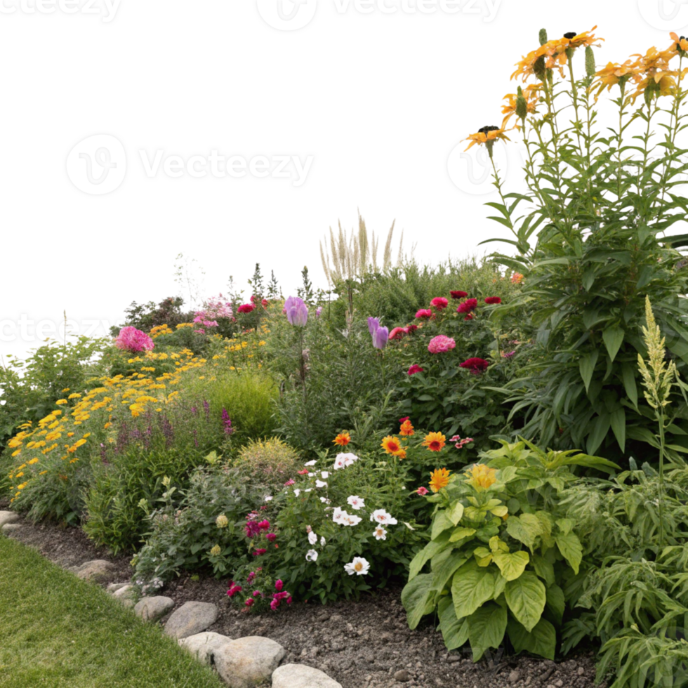 A garden with flowers and rocks isolated on a transparent background png