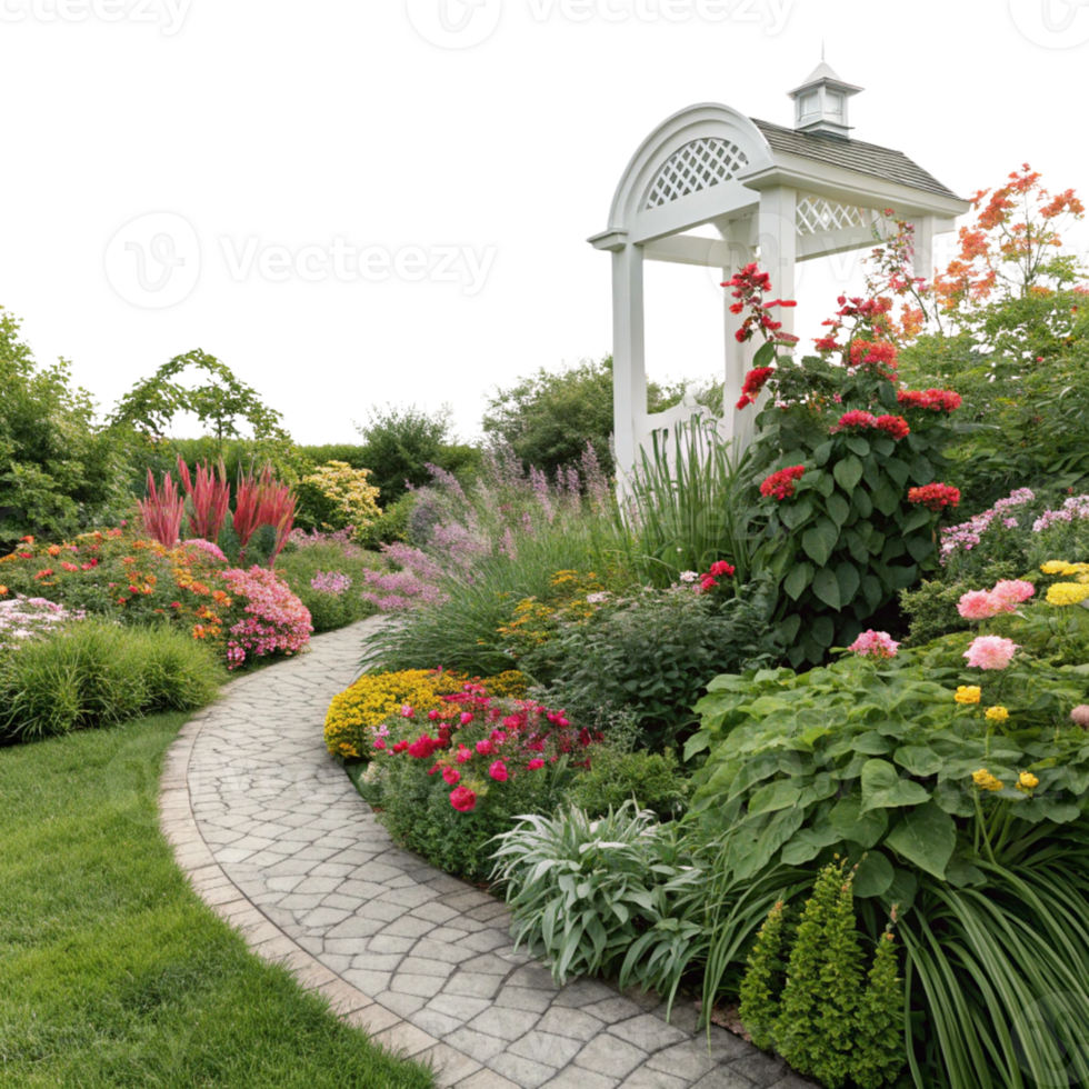 A garden with a white gazebo and a walkway isolated on a transparent background png