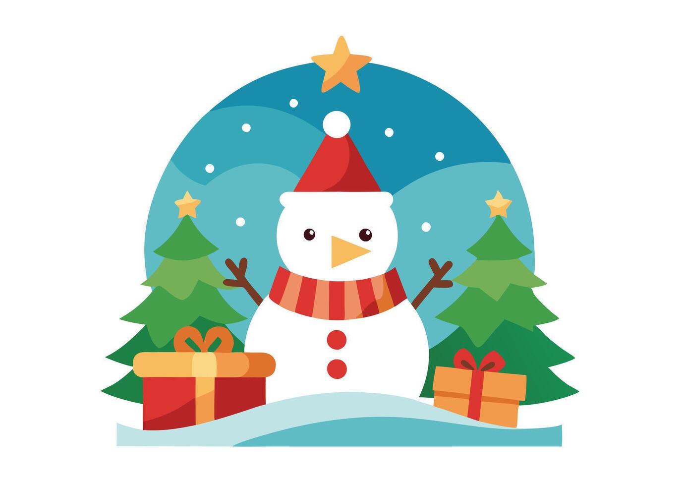 Festive Snowman with Gift Boxes, Christmas Trees and Snowflakes on White vector