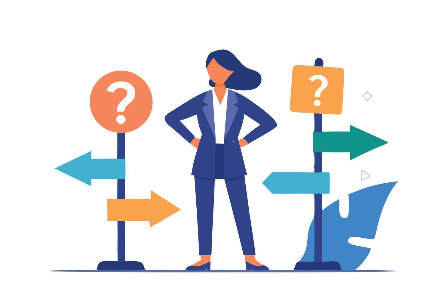 Woman with Hands on Hips Surrounded by Directional Signposts on White Background vector