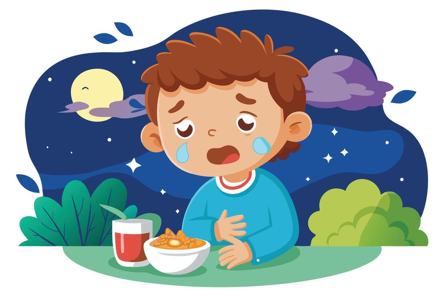 Cartoon Boy Crying with Food Bowl and Glass on Table at Night Under the Moonlight vector