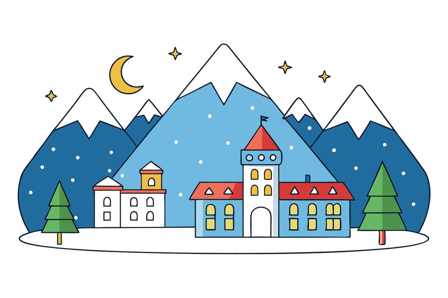 Line Art Winter Landscape with Mountain, Castle, Moon and Stars on White Background vector