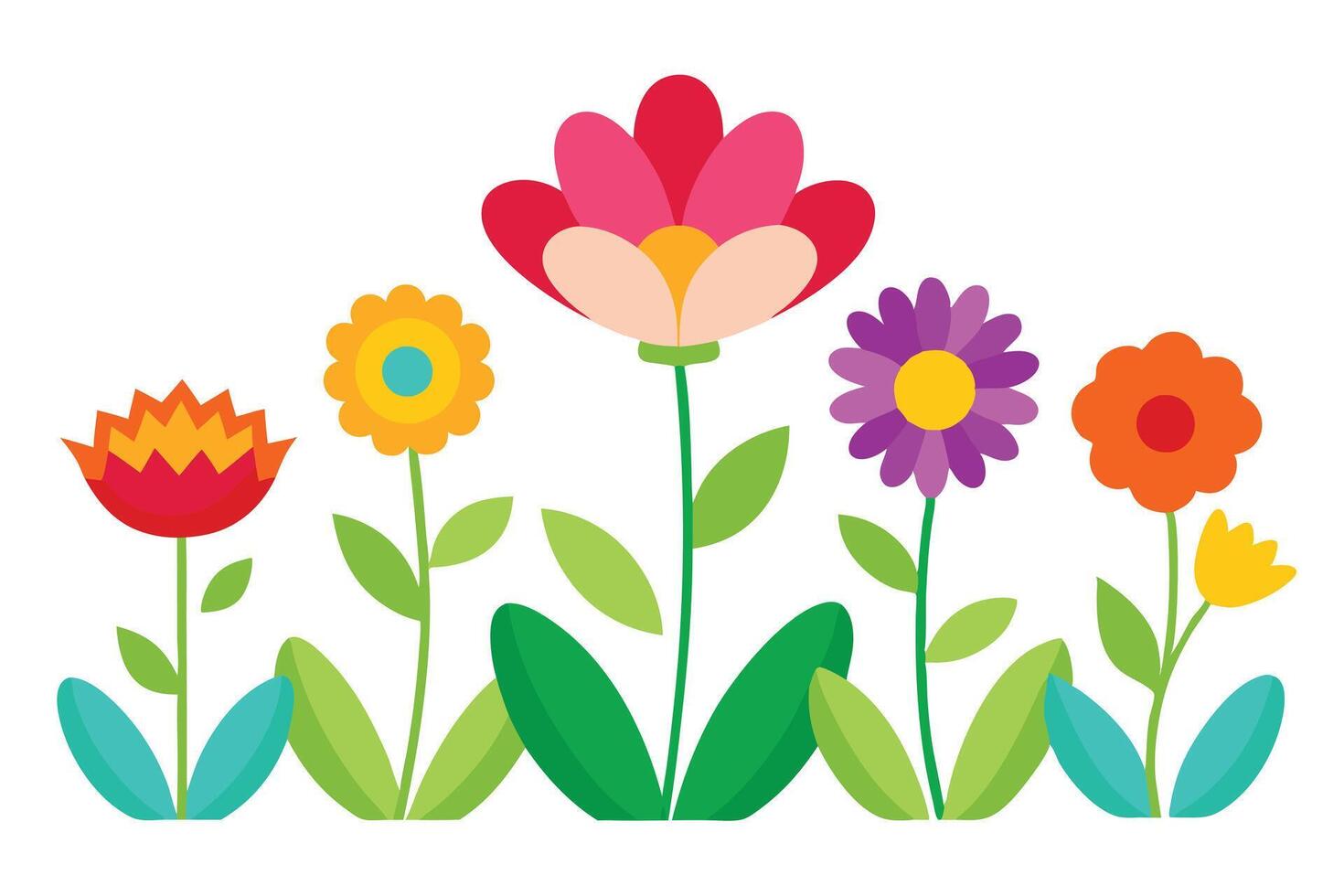 Assorted Colorful Flowers with Leaves on White Background vector