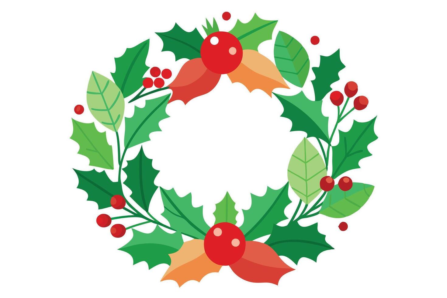 Christmas Wreath with Holly Berries and Leaves on a White Background Holiday Decor vector