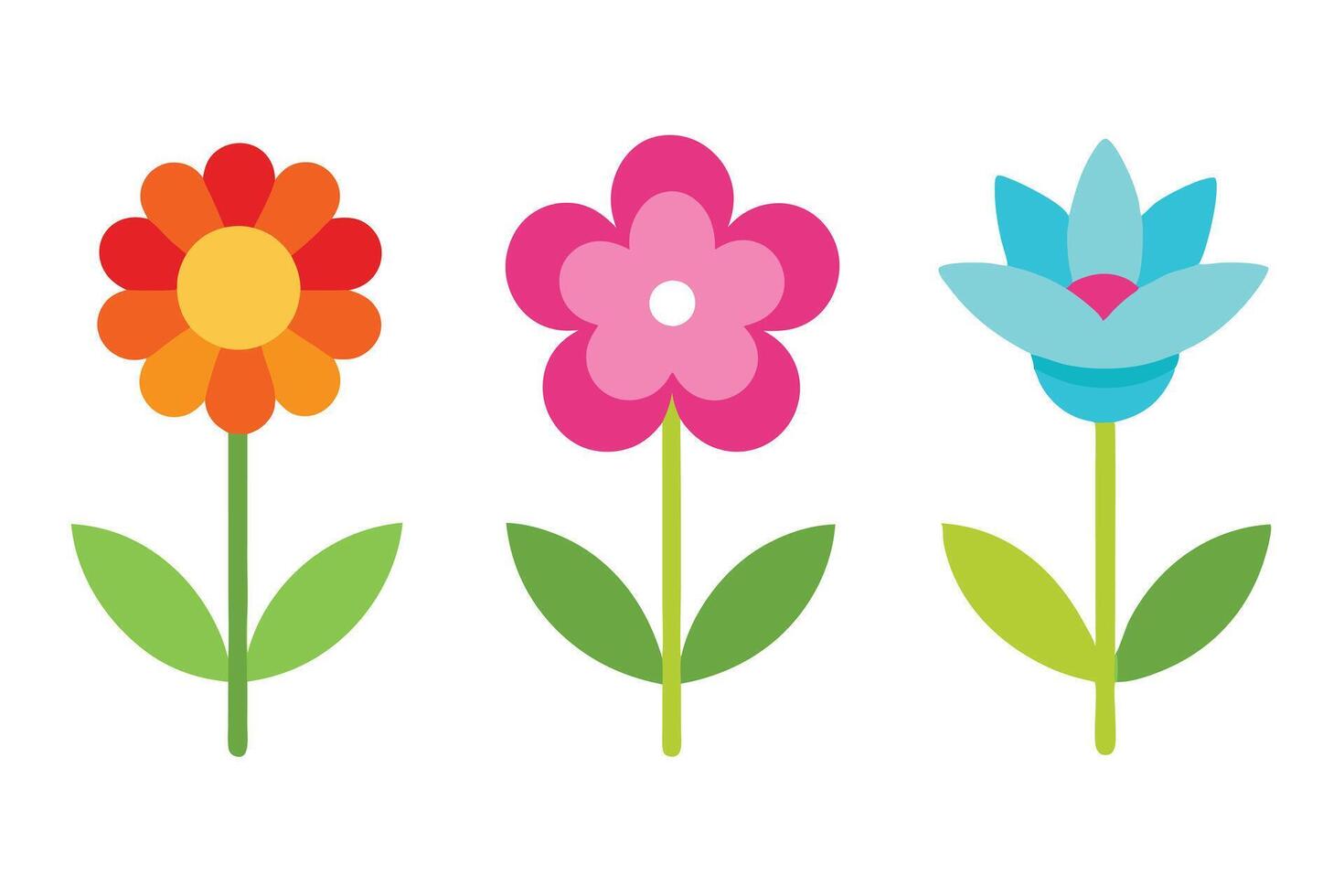 Set of Three Simple Flowers in Orange, Pink, and Blue on White vector
