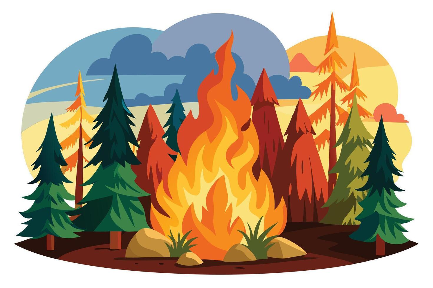 Vibrant Campfire Flames Surrounded by Evergreen Trees and Rocks Flat Design vector