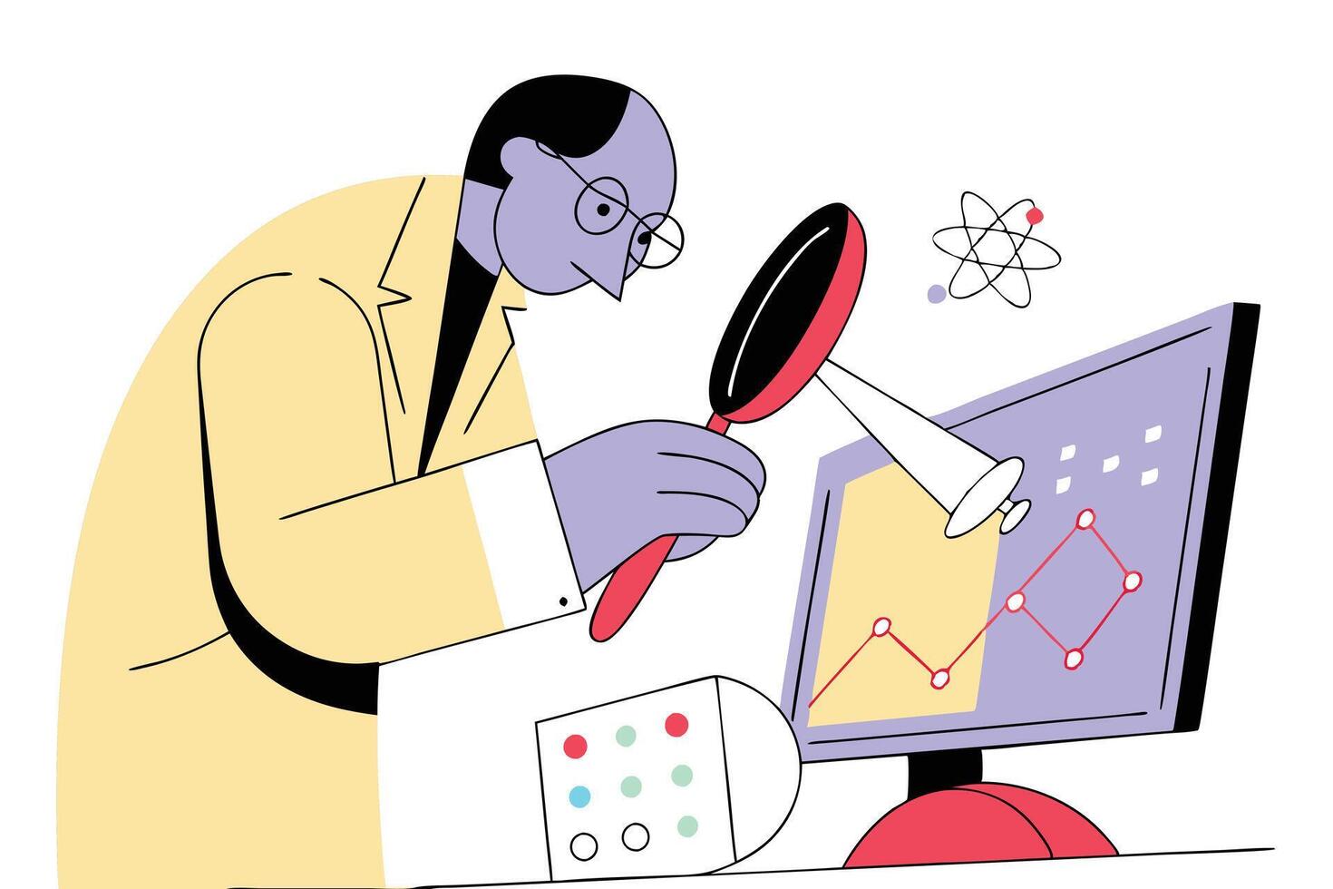 Scientist Inspecting Charts on Screen with Magnifying Glass Flat vector