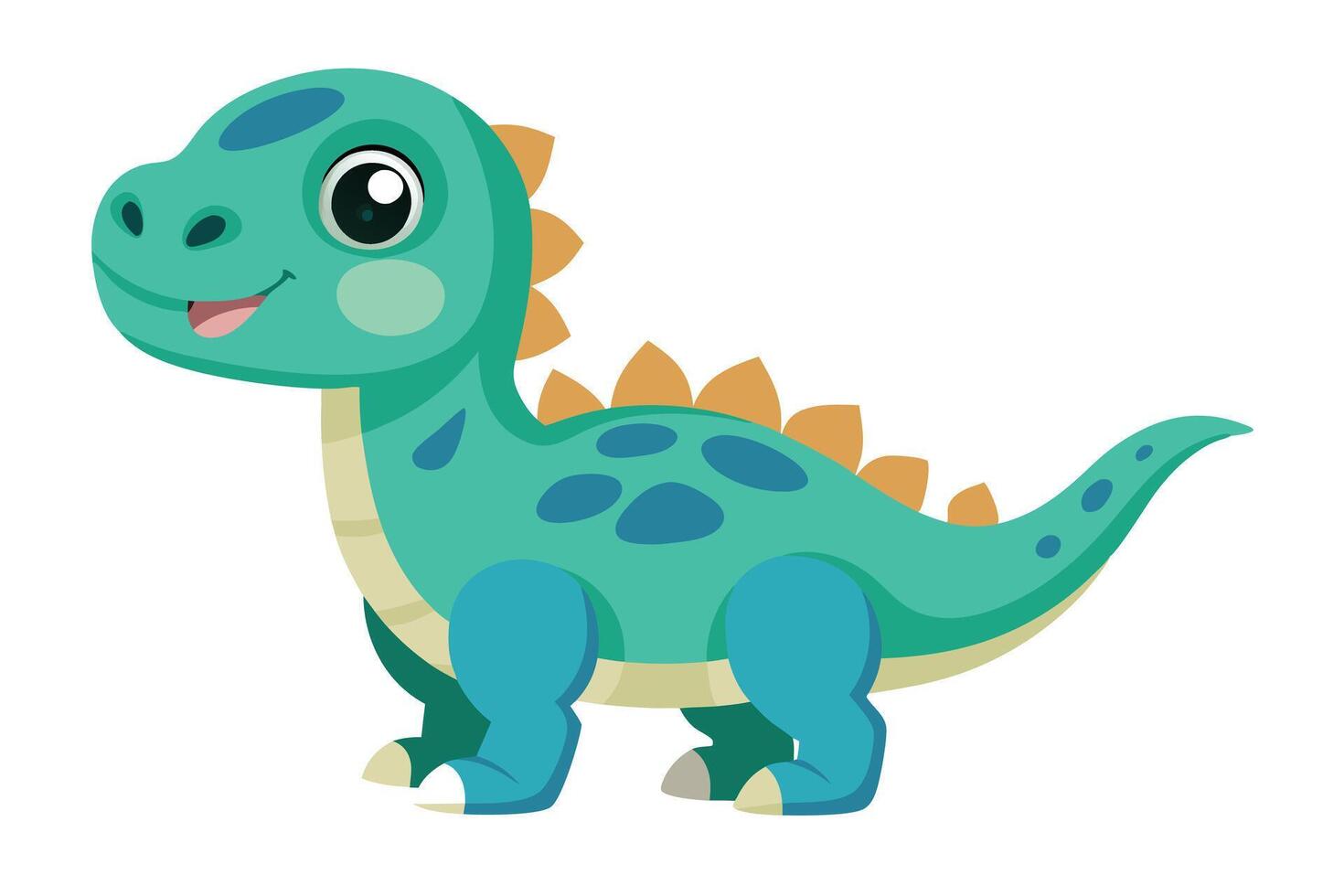 Cute Green Cartoon Dinosaur with Tan Spikes and Blue Legs on White Background vector