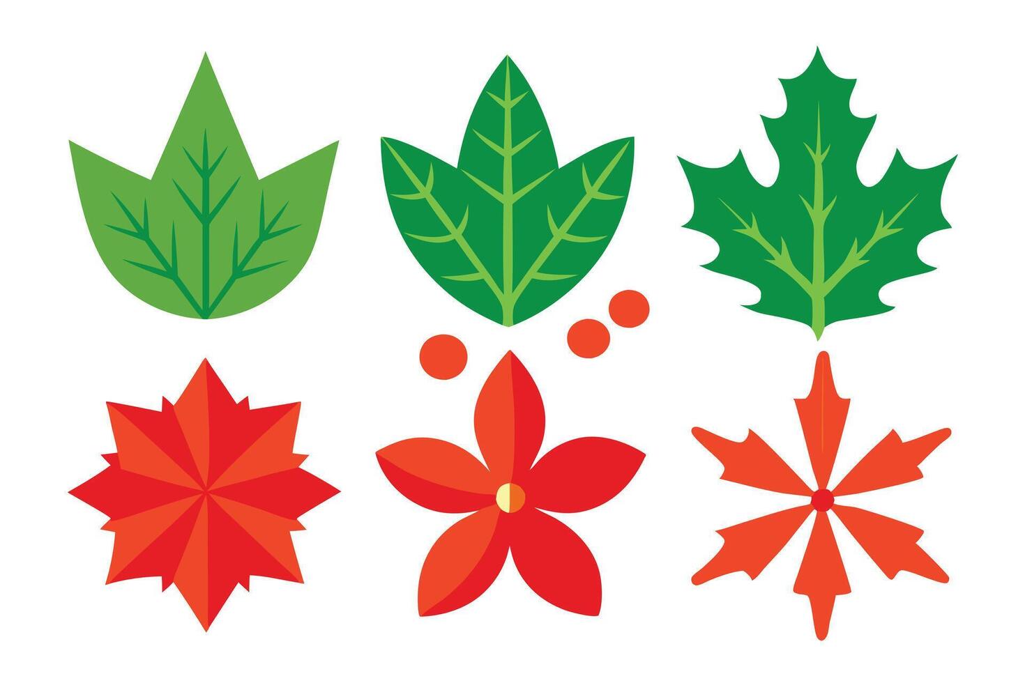 Flat Green Leaves and Red Flower Floral Elements on White Background Design vector