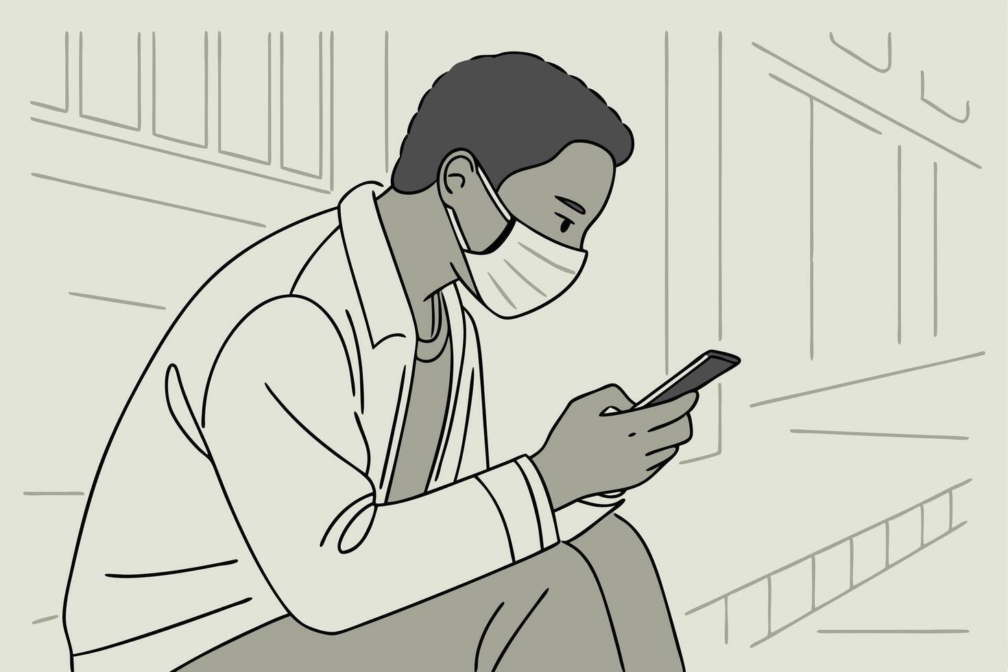 Young African Man in Mask Checking Phone, Monochrome Line Art Style vector