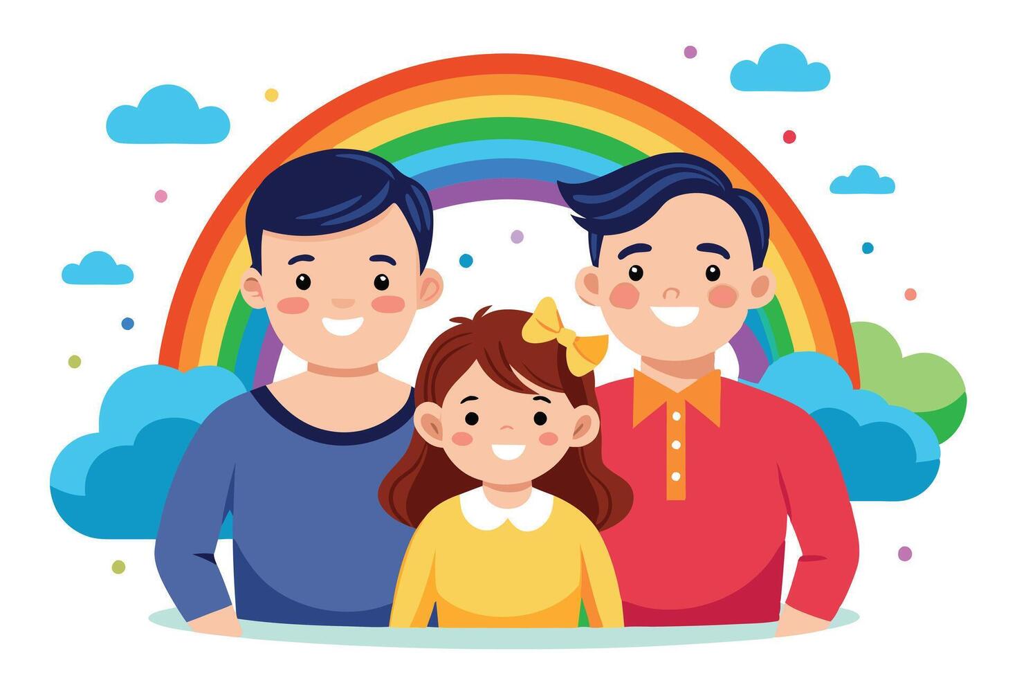 Cheerful Cartoon Family Portrait with Smiling Girl, Two Men and Colorful Rainbow vector