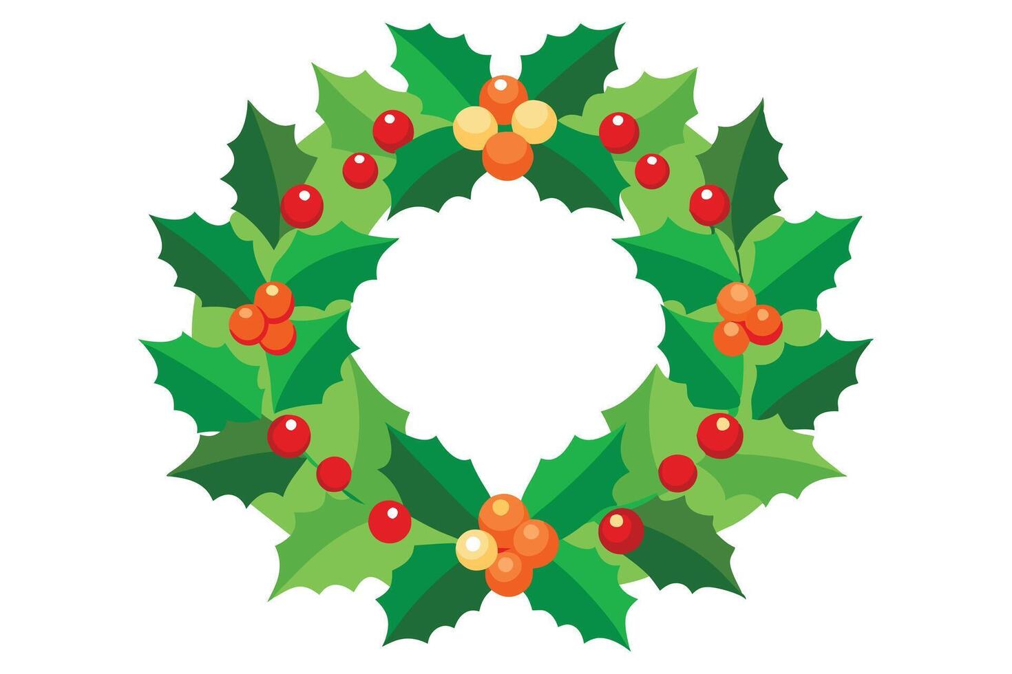 Holiday Wreath Cartoon Holly with Green Leaves, Red Berries, and Yellow Accents vector