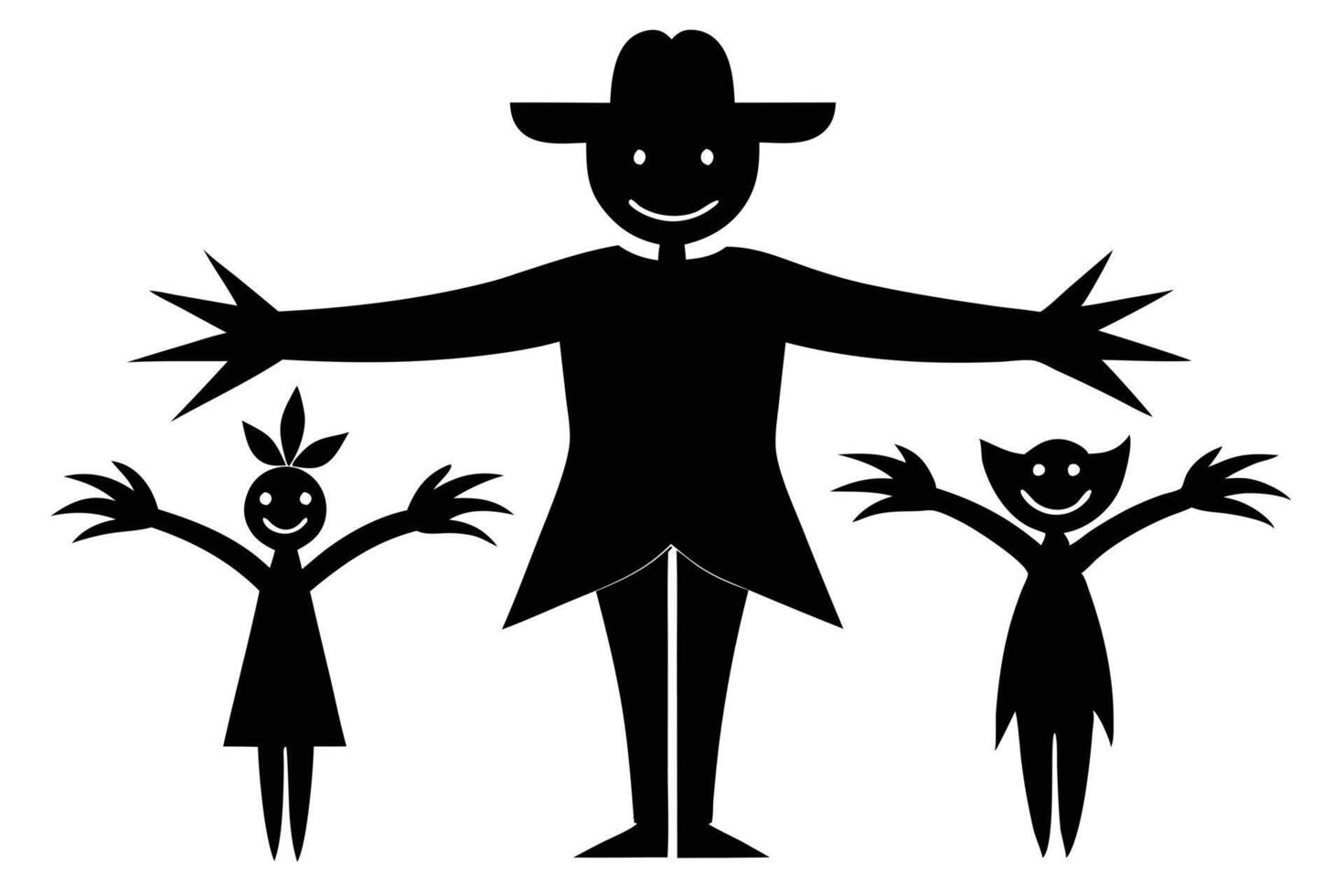 Stylized scarecrow with outstretched arms alongside two childlike figures vector