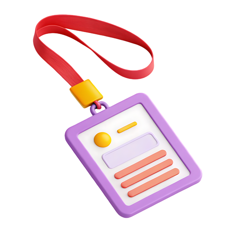 3D render of a purple ID card with a red lanyard. png