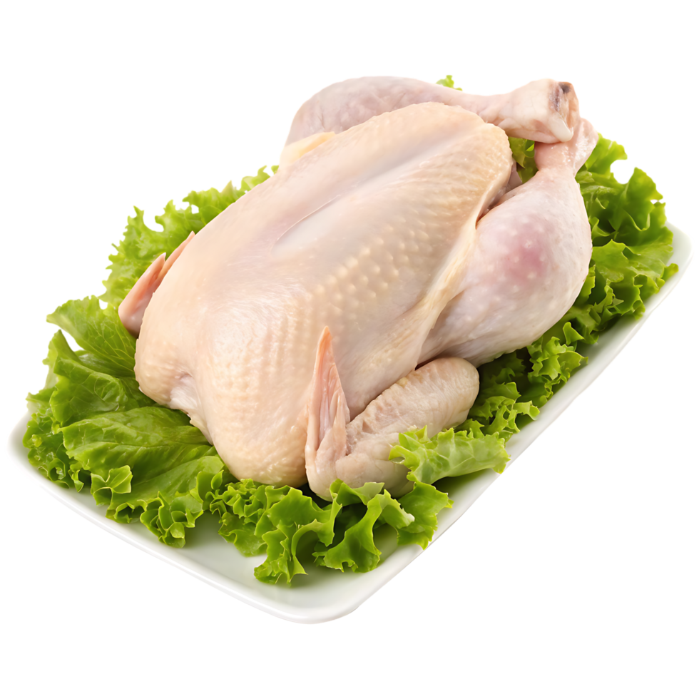 Whole raw chicken on a bed of lettuce. png