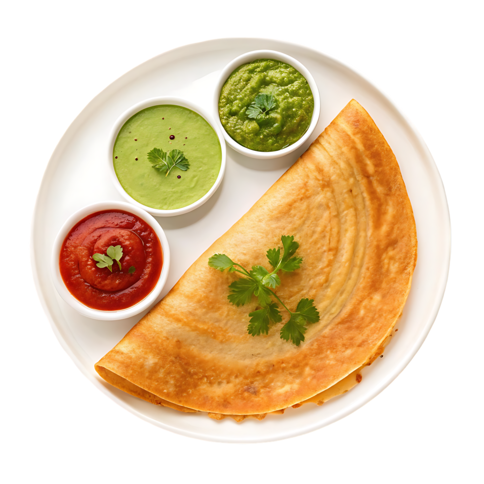 Crispy dosa with sambar and chutney. Delicious South Indian breakfast. png