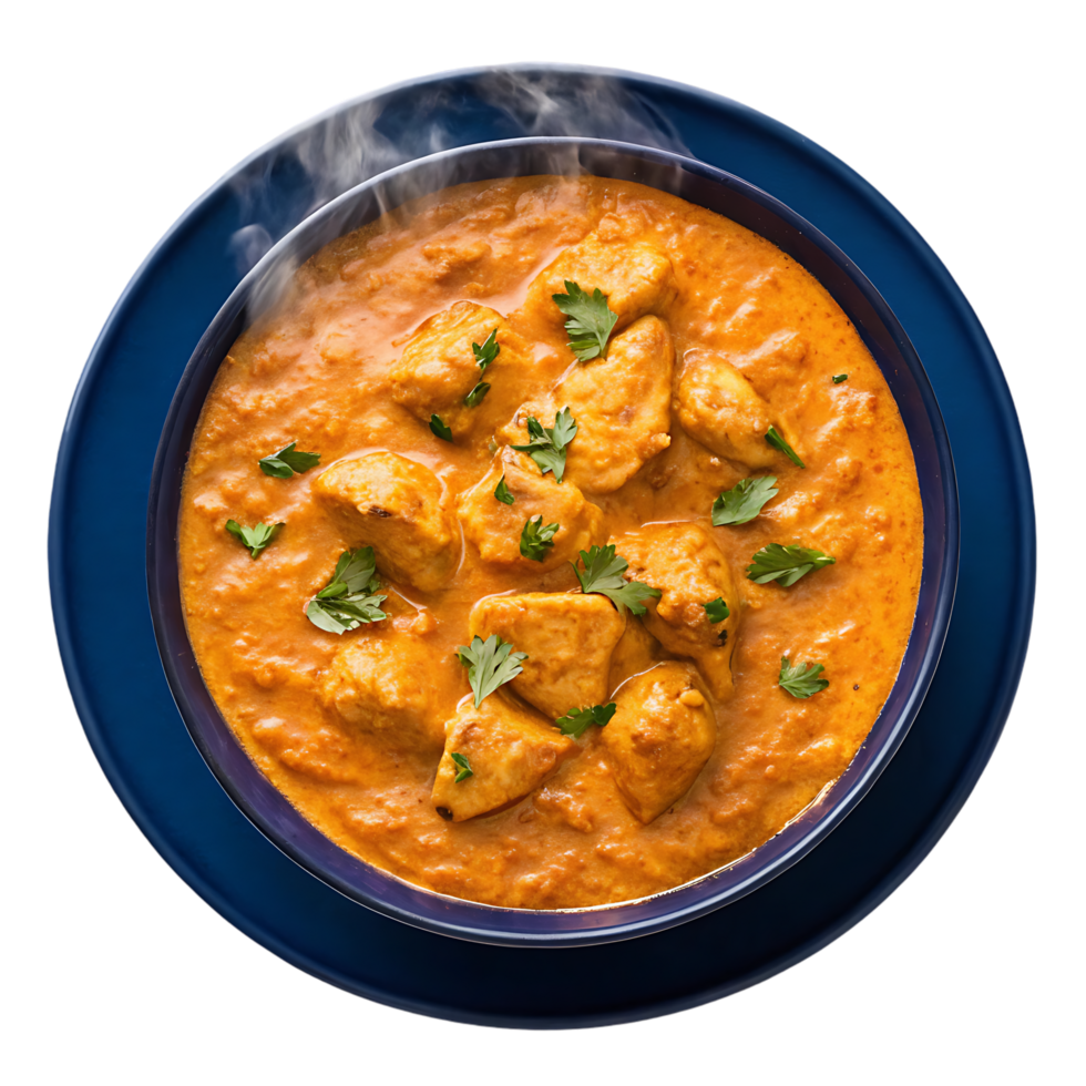 Delicious Chicken Tikka Masala in a blue bowl. png