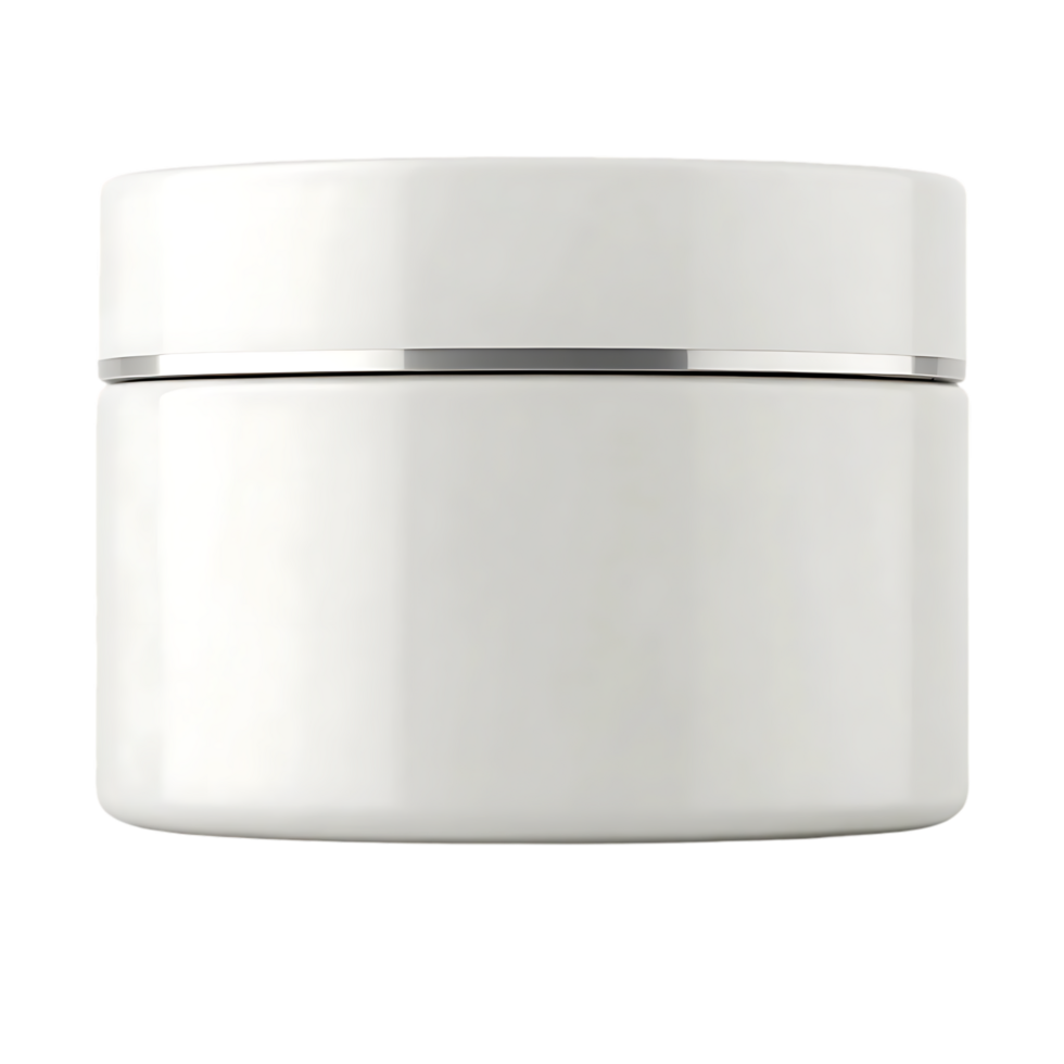 White cosmetic jar with silver band, mockup for branding. png