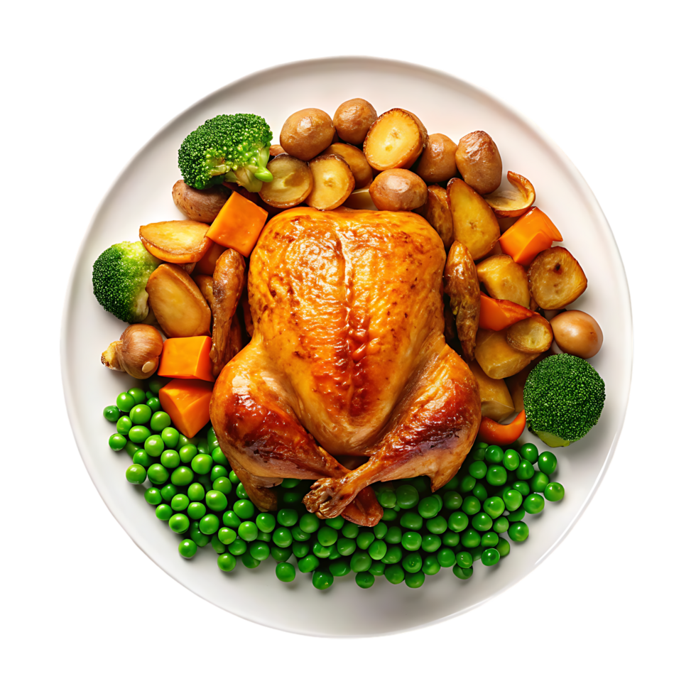 Roasted chicken with vegetables on a white plate png