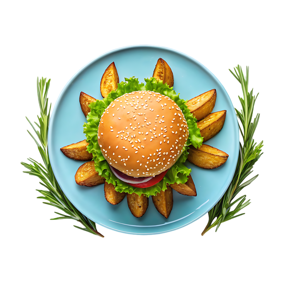 Delicious burger with potato wedges and rosemary. png
