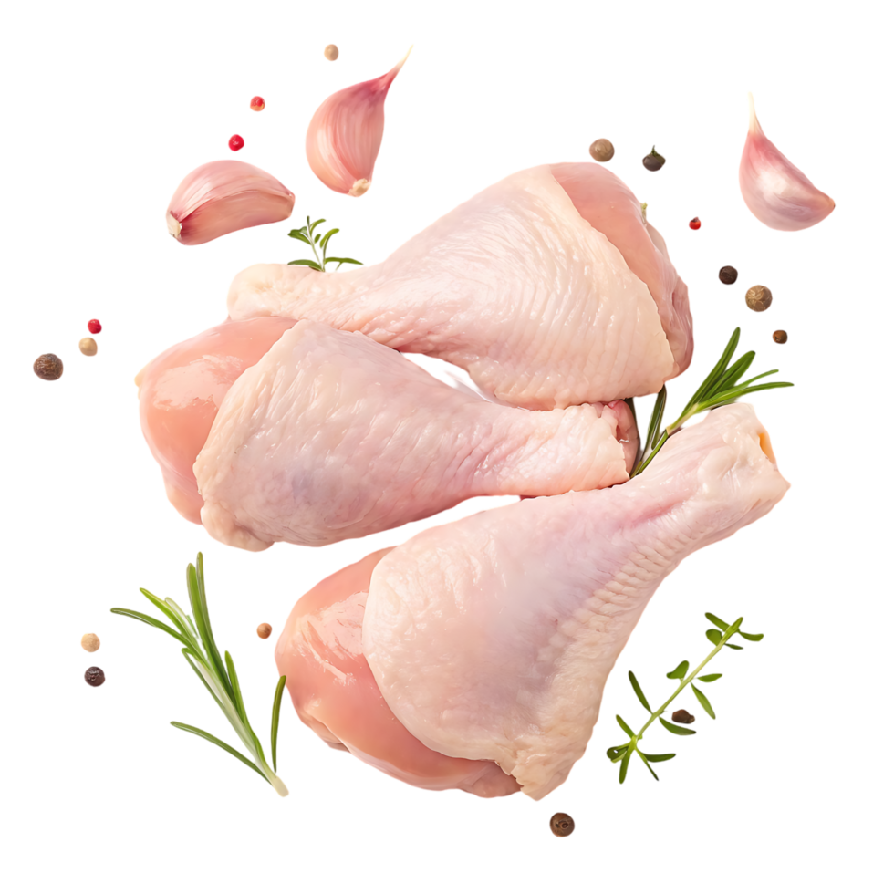Raw chicken drumsticks with herbs and spices png