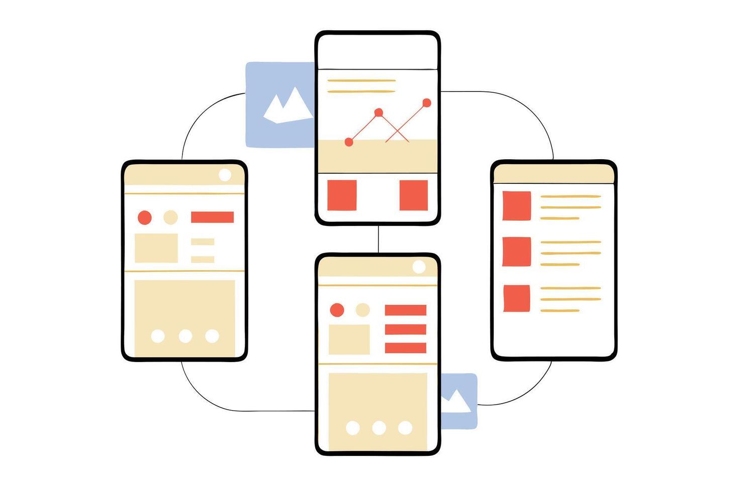 Connected Smartphone Interface Design with Data Flow and App Elements in Circle Shape vector