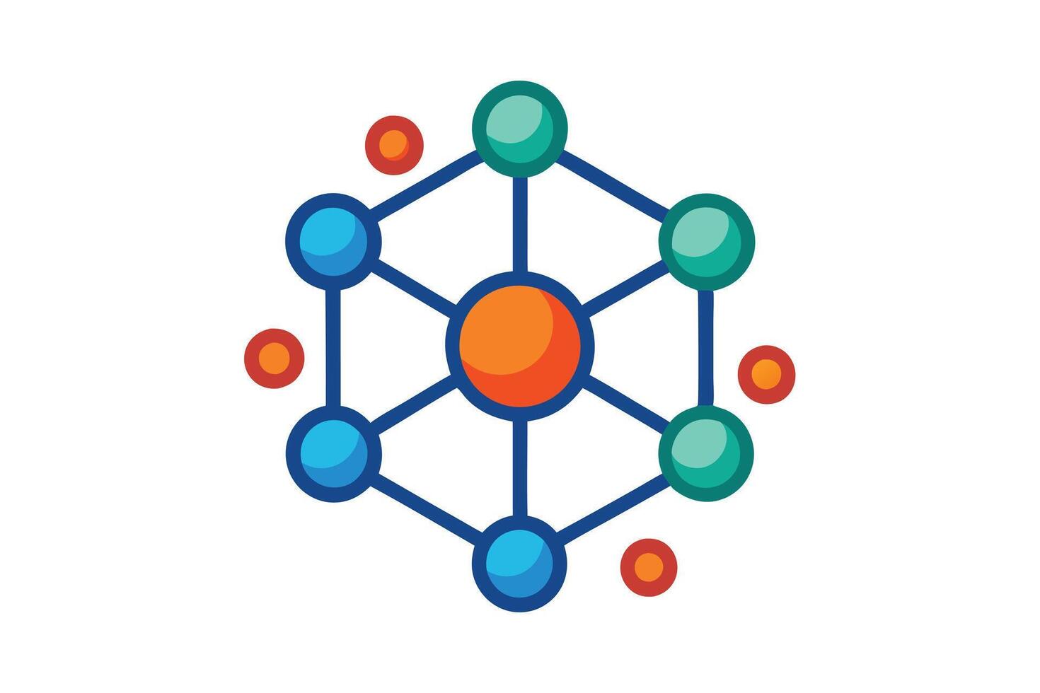 Connectivity Network Circles in Blue, Green, Orange with Blue lines on White vector