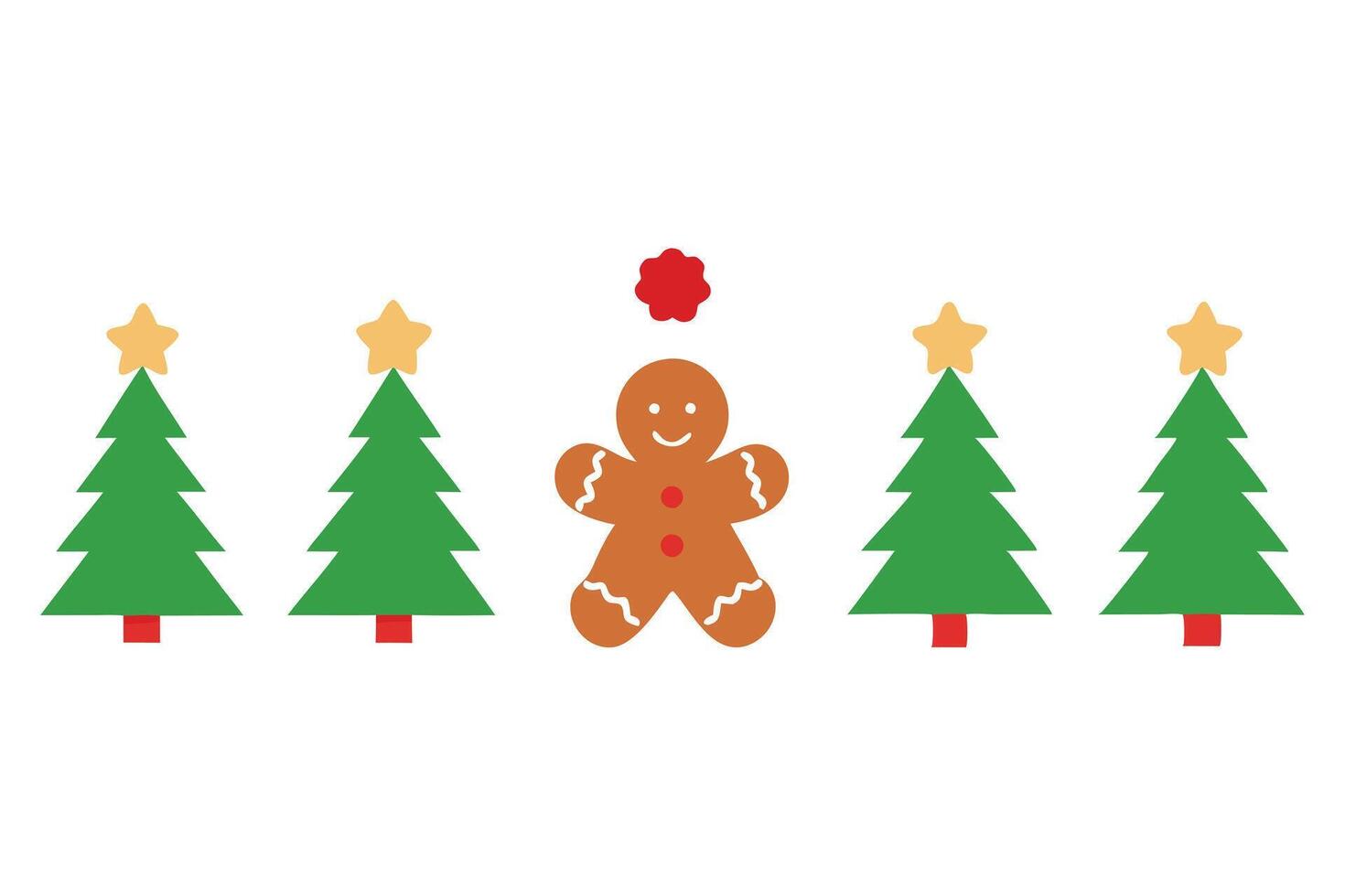 Gingerbread Man Between Green Christmas Trees with Golden Stars on White Background vector