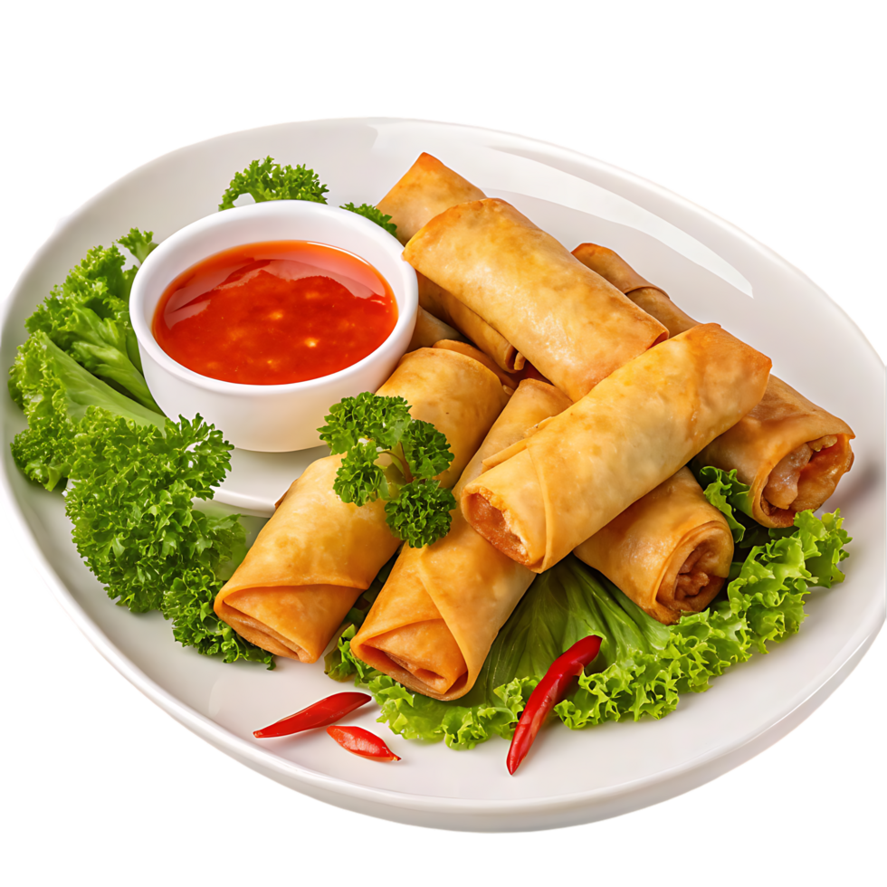 Delicious crispy spring rolls with sweet chili sauce, png