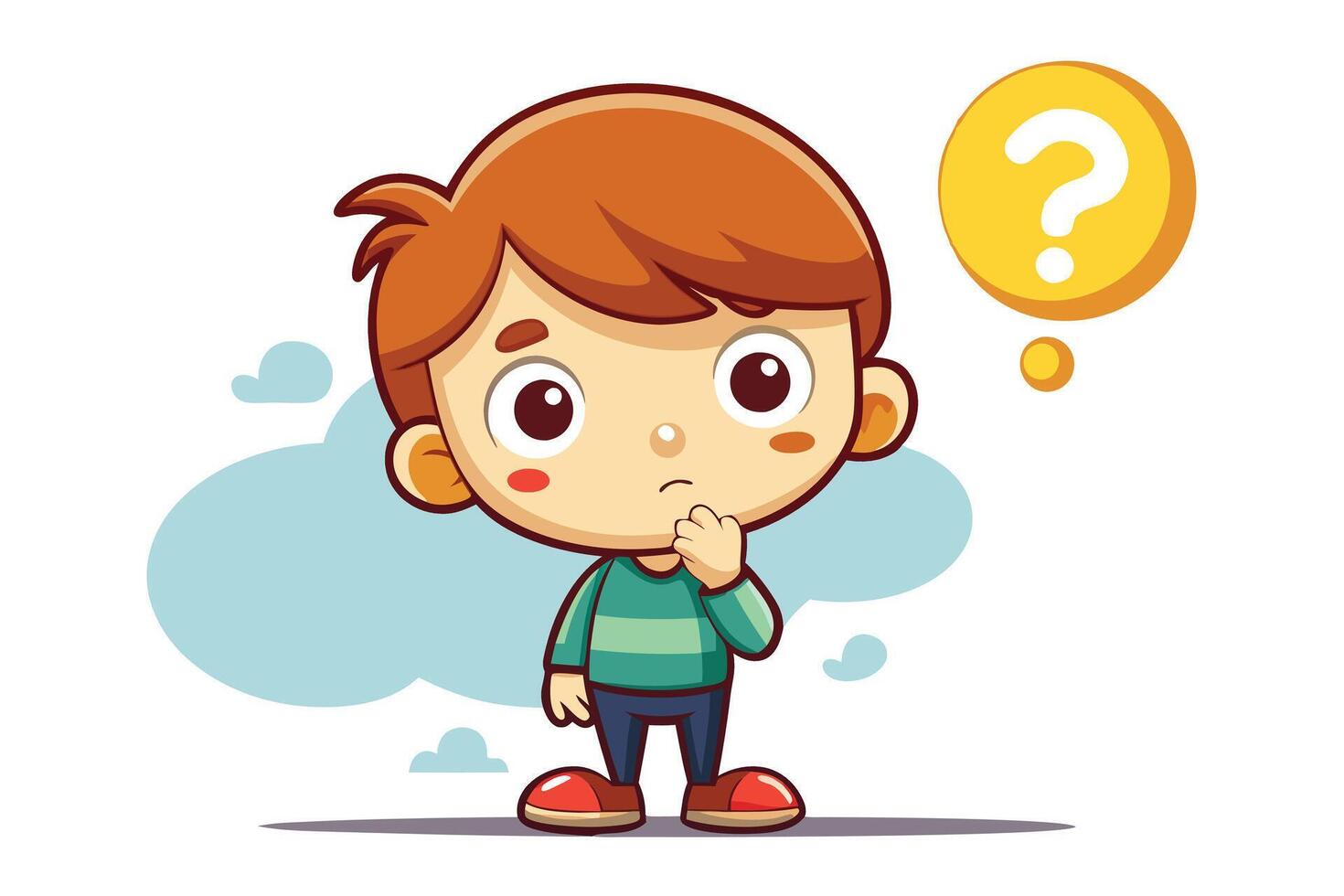Cartoon Boy Character Thinking with Hand on Chin and Question Mark with Line Art vector