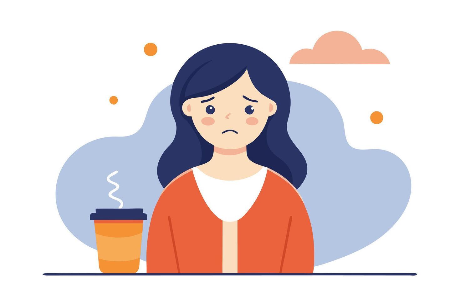 Sad Brunette Woman with Coffee Flat Art on White Background vector