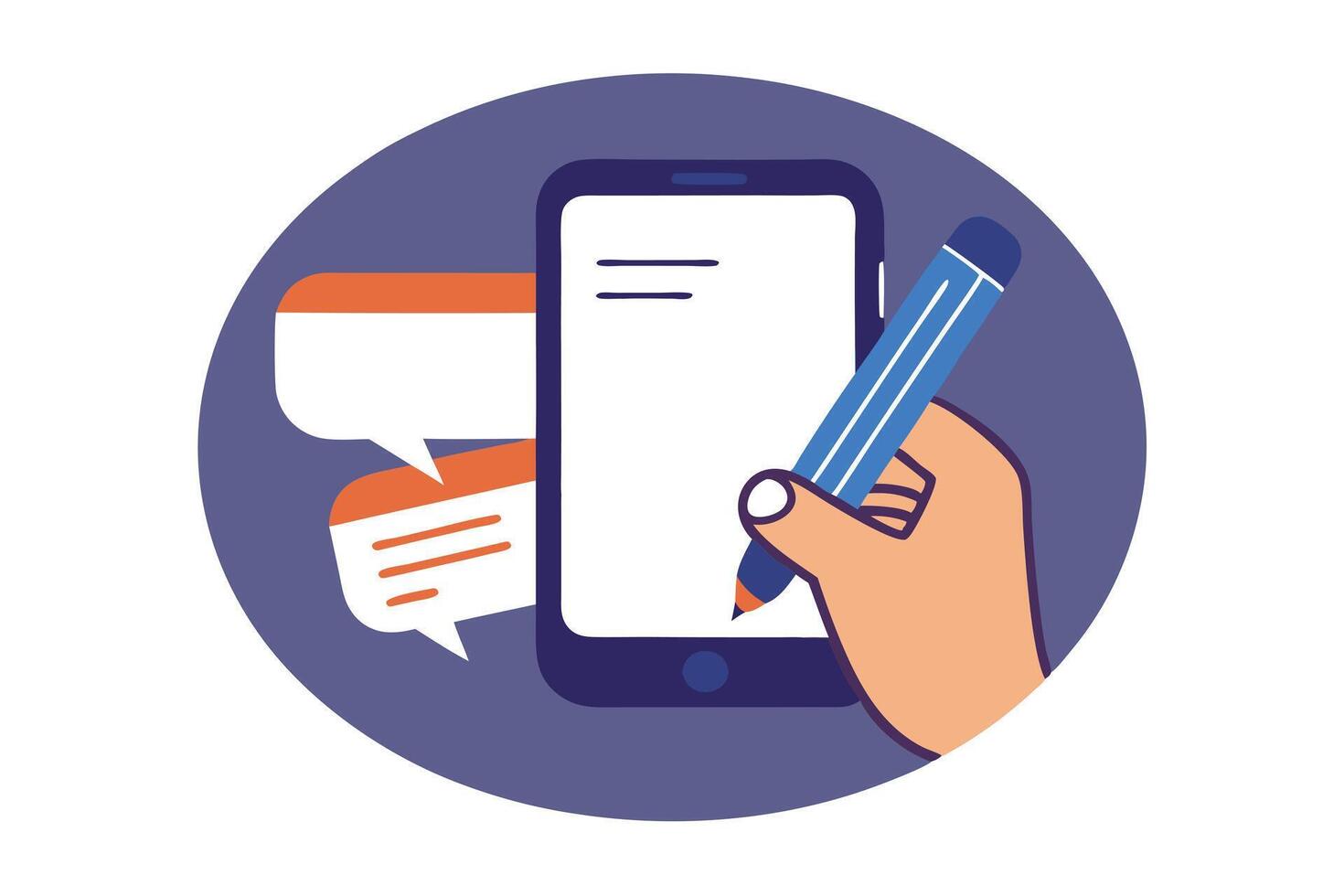 Hand Holding Pen Over Smartphone with Chat Bubbles in Flat Style vector