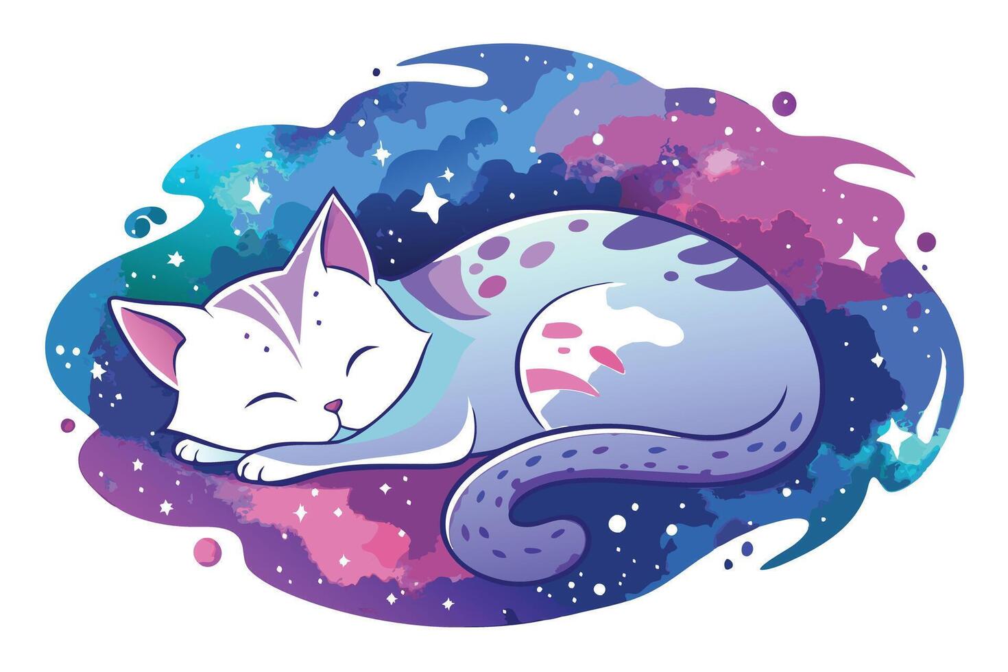 Dreamy Celestial Cat Sleeping Peacefully in Space Nebula Isolated vector