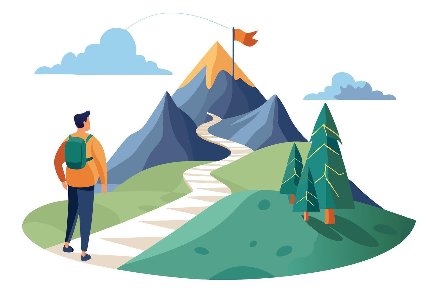 Flat Hiker with Backpack Views Mountain Path to Flag on White Background vector