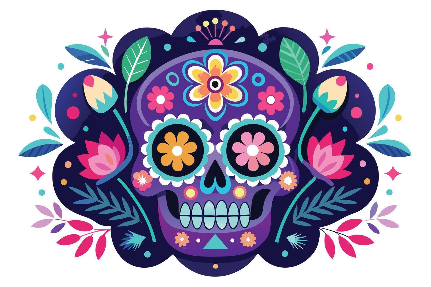 Decorative Purple Sugar Skull with Floral Ornaments and Colorful Details vector