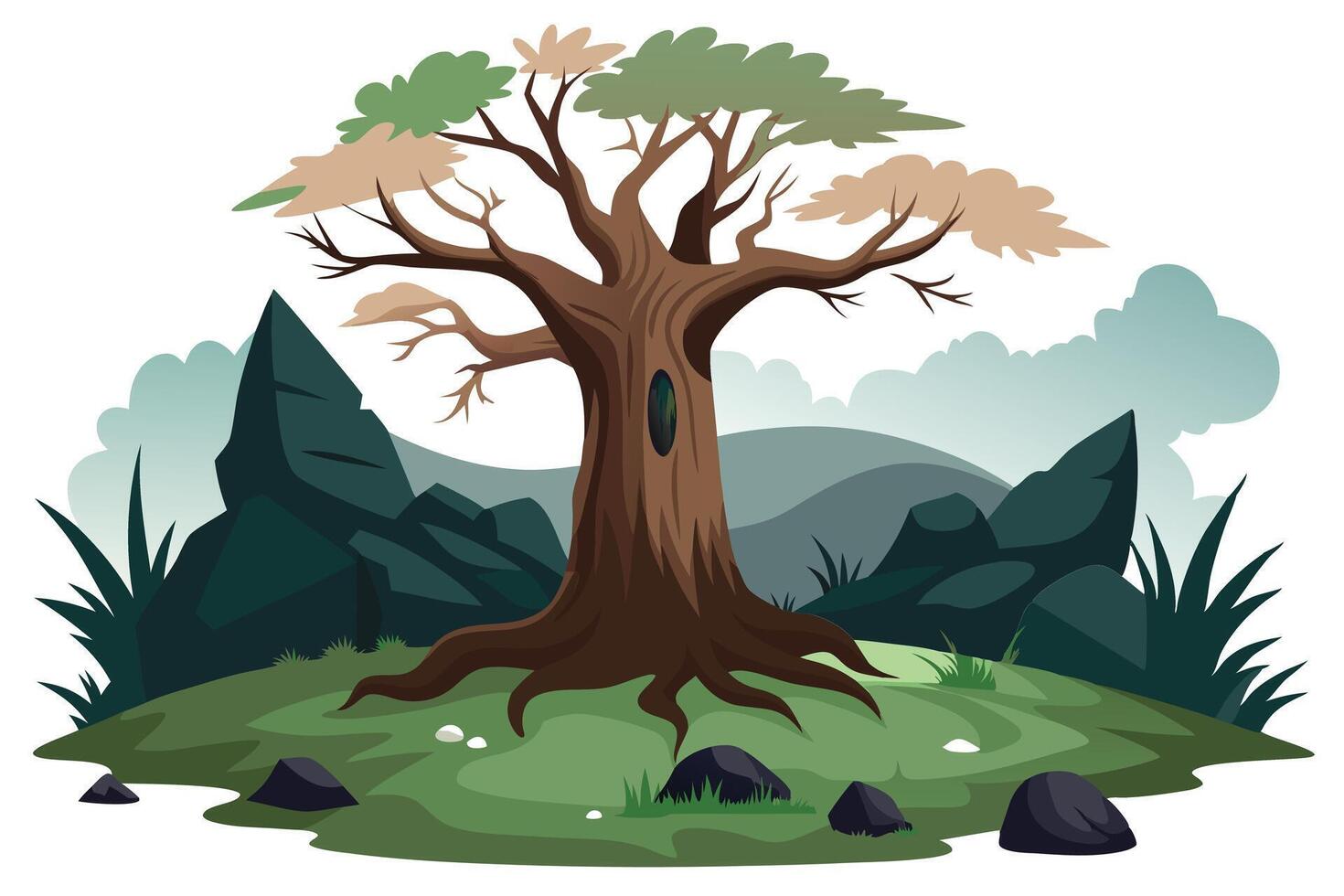 Landscape with Hollow Tree, Green and Brown Leaves, Rocks, and Sky on White vector