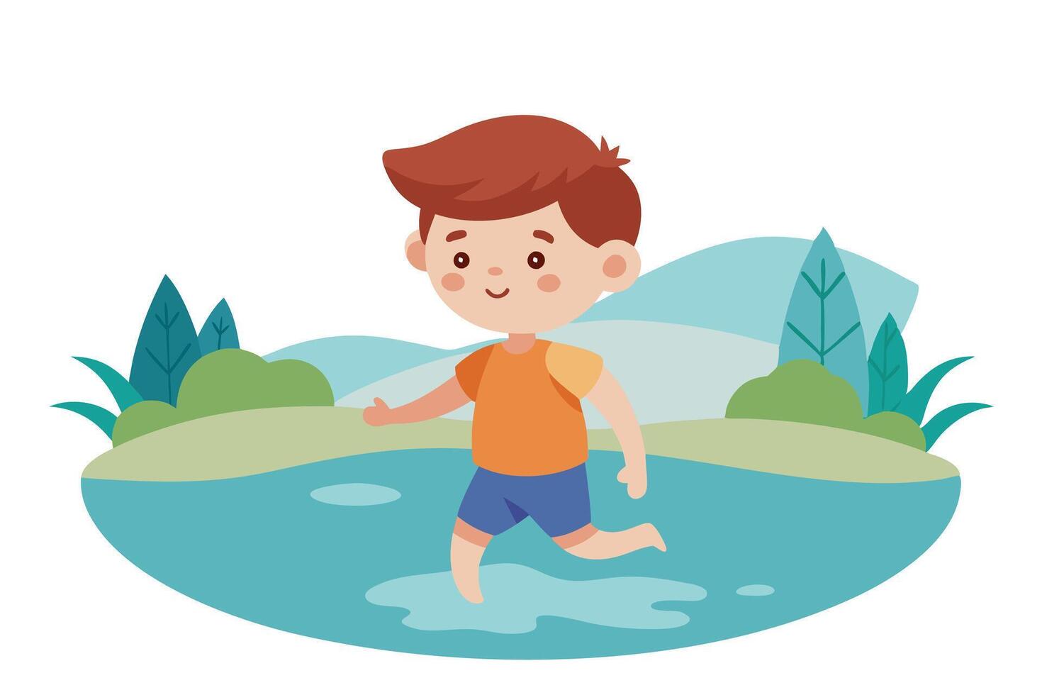 Cartoon Boy Walking In Puddle With Orange Shirt and Blue Shorts on white background vector