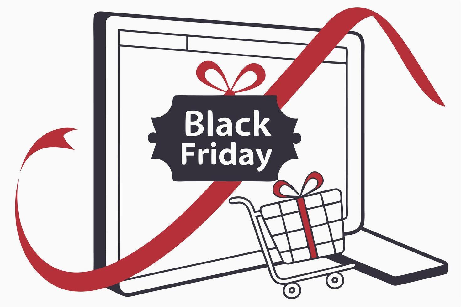 Online Black Friday Shopping on Laptop with Cart and Ribbon Decoration vector